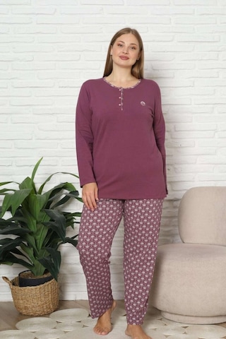 Alimer Etnik Desenli Kadın 3 Düğmeli Pamuk Likra Mevsimlik Uzun Kollu Pijama Takımı Gülkurusu
