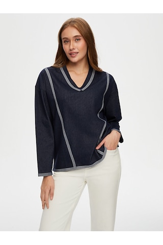 Faik Sönmez V Yaka Ters Dikiş Detaylı Sweatshirt W26swt002 Uw26swt00227 İndigo