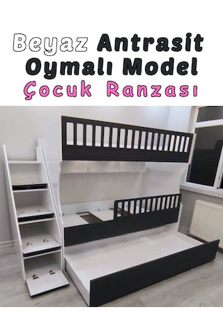 Beyaz Antrasit Oymalı Model Çocuk Ranzası