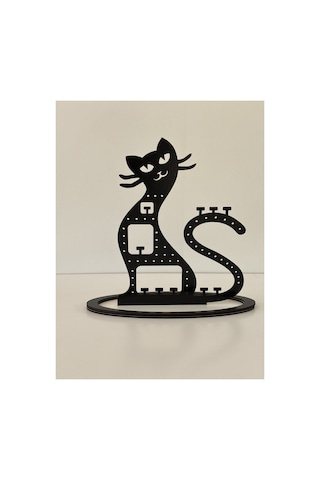 Dekoratif Kedi Figürlü Takı Küpe Standı Lazer Kesim Ahşap Mdf Siyah