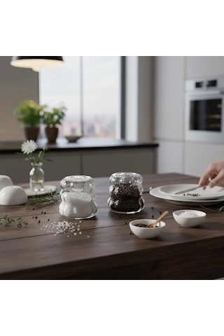 Deconox 2'li Şeffaf Cam Tuzluk Ve Biberlik Seti - Bubble Küre Desenli Alttan Dolumlu Minimalist Baharatlık 5 Cm Diğer