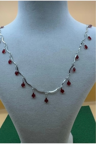 Kadın Gümüş Renk Zirkon Taşlı Damla Model Kolye 45 Cm Kırmızı