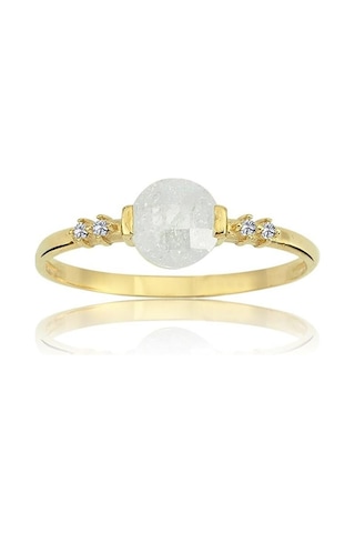 Altın Yüzük - 14 Ayar Altın Yuvarlak Beyaz Kristal Minimal Kadın Yüzük - Doğum Günü Hediyesi Yüzük Sarı Altın