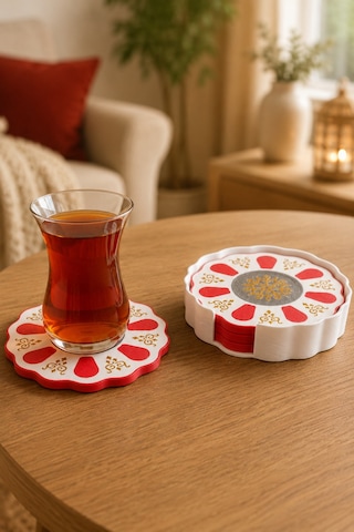 Geleneksel Türk Çay Tabağı Motifli 4 Lü Bardak Altlığı Seti Standlı - Dekoratif Bardak Altlığı - Kırmızı Set Diğer