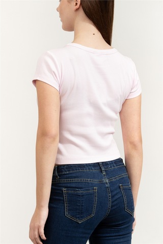 A- Woven Label 2x2 Rib Baby Tee Kadın Bisiklet Yaka T-shirt Pembe