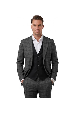Deepsea Erkek Antrasit Slim Fit Ekose 3 Lü Takım Elbise Siyah Yelekli Kare Desenli Takım 2601589