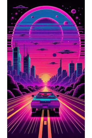Neon Araba Temalı Cam Tablo