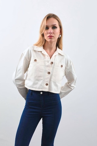 Kadın Ekru Crop Kesim Jean Ceket ekru