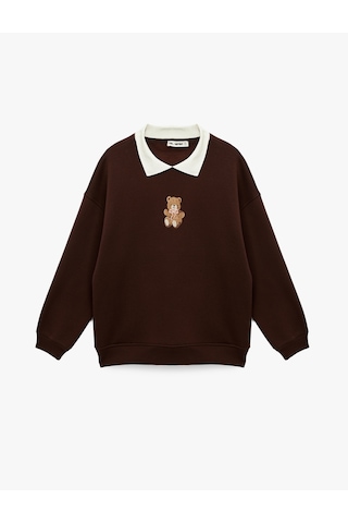 Koton Rahat Kalıp Uzun Kollu Polo Yaka Ayıcık Nakış Detaylı Sweatshirt Kahverengi 6sal10425ık Kahve