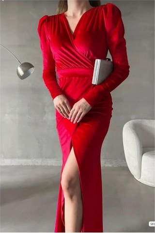 Lior Design Kadın El Emeği Kadife Kumaş Kruvaze Yaka Yırtmaçlı Maxi Abiye Elbise Kırmızı