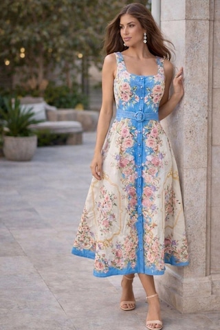 Asprinfashion Kadın Maxi Elbise Çiçek Desenli Keten Görünümlü Askılı Kemerli Yazlık Günlük Elbise Mavi