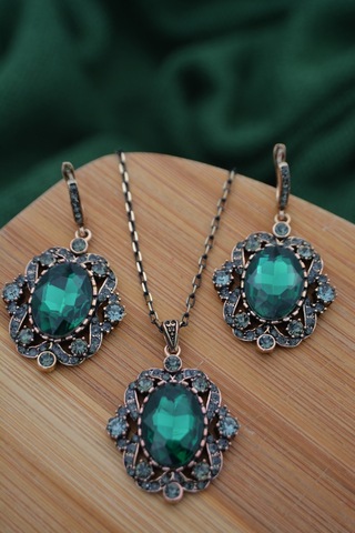 Stoneage Zümrüt ve Zirkon Taşlı Kolye ve Küpe Set Takım Yeşil