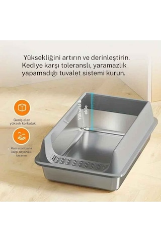 Techtic Yarı Kapalı Çelik Kedi Tuvaleti Yüksek Kenarlı Kürek Hediyeli Paslanmaz Metal Kedi Kum Kabı