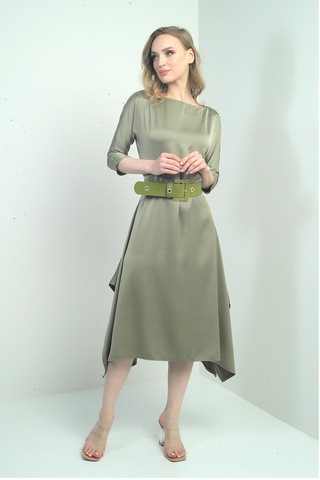 By Saygı Kadın Çeyrek Kollu Beli Kemerli Asimetrik Krep Saten Midi Elbise-40625 Olive