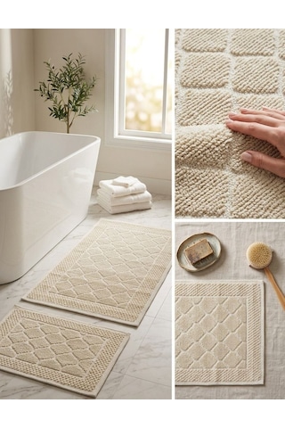 İkili Banyo Paspası Pamuklu Kaymaz Taban Dikdörtgen Banyo Paspas Kilim Set Krem