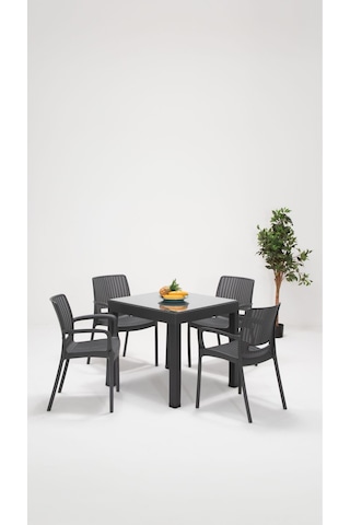 Rattan 4 Kişilik Kollu Camlı Bahçe Masa Takımı - Antrasit Siyah