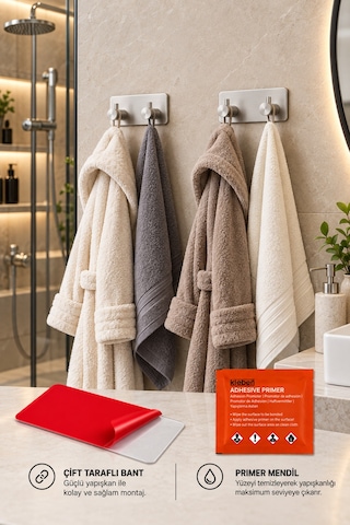 2 Adet Dikdörtgen İkili Modern Banyo Askılık 96 Mm Paslanmaz Çelik Delmeden Yapışkan Montaj Inox