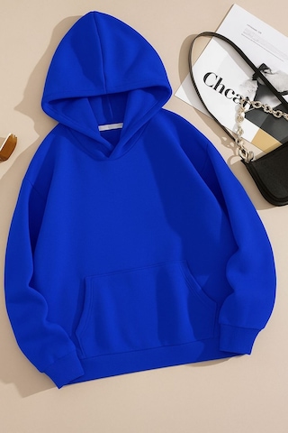 Benroma 3 İplik Penye Düz Ünisex Oversize Kapüşonlu Sweatshırt Saks Mavisi