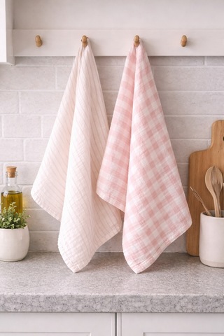 %100 Pamuk Çift Kat Müslin Mutfak Kurulama Bezi 2 Li Set 40x60 Cm Emici Yumuşak Mutfak Havlusu Elv-mkb-pe02 - Elv-mkb Pudra Pembe