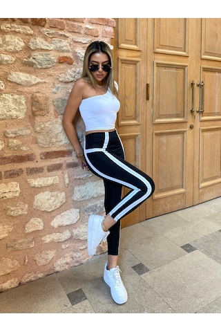 Leyla Sanat Sanata Yeni Bir Bakış Açısı Kadın Yan Çift Şerit Detaylı Toparlayıcı Egzersiz Dalgıç Tayt SiYAH