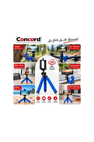 Concord Ahtapot Esnek Mini Telefon Tripodu - 360 Döner Başlıklı - 18 Cm Vlogging & Tiktok Çekim Ayak Mavi