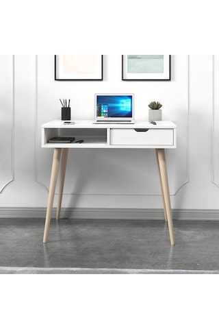 Offer Çalışma Masası, Bilgisayar Masası, Çekmeceli Kilim, Ahşap Ayak, Ev-ofis - Beyaz Beyaz