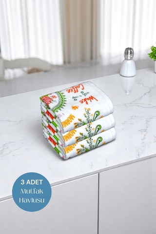 3lü Paket Baskılı Beyaz Mutfak Havlusu Modeli Morning Coffee