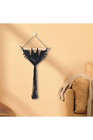 Homyl Makrome Duvar Asılı Goblen Yarasa Desen Uzun Siyah-30x50cm