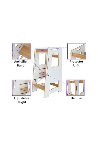 Minera Ahşap Montessori Öğrenme Kulesi / 2-6 Yaş / Beyaz + Nat. Beyaz