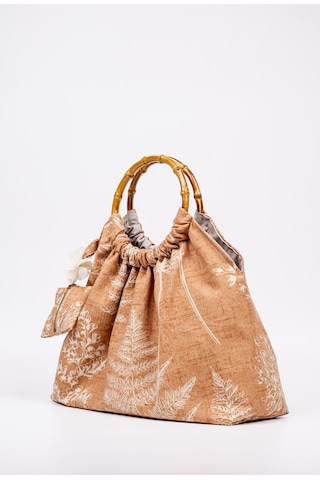 Fabric Craft Bag El Çantası Keten Kumaş Bambu Saplı Çiçek Desen Taba - Kahverengi