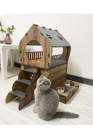 Nursoft Dekoratif Teraslı Kedi Evi ve Mama Kabı Seti 51 x 65 CM