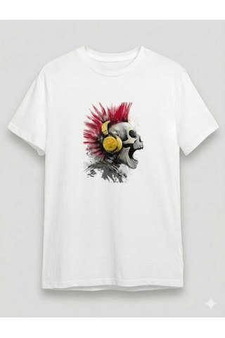 Punk Rock Temalı Kuru Kafa Baskılı Bisiklet Yaka Erkek T-shirt Beyaz