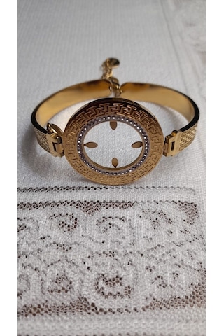 Uzel Çelik Gold Altın Renk Işlemeli, Taşlı, Çeyrek Altın Takılabilen Çelik Bileklik