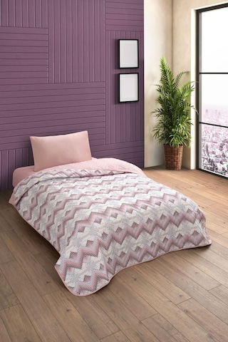 Tek Kişilik Desenli Kapitone Çift Taraflı Renkli Pike Yatak Örtüsü Takımı Pudra