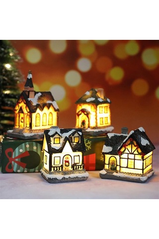 Neevoyu Noel Dekoru Mini Ev Şekli Parlak Led Işıklı Reçine Malzeme E Modeli