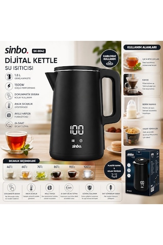 1.8l 1500w Plastik Kapak - Dokunmatik Ekran Dijital Kettle Su Isıtıcısı Kablosuz Kullanım Sk-8042 Bx40