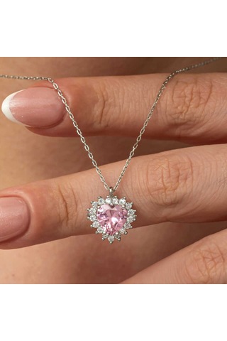 Himarry Gümüş Pembe Taşlı Kalp Kadın Kolye Beyaz