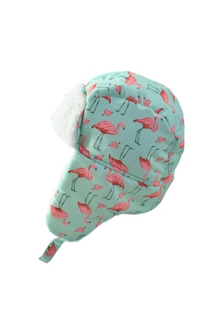 Petityu Su Geçirmez Kız Çocuk Bere Eldiven Set Mint Pembe Flamingo Desenli Kayak Snowboard 4-8 Yaş Mint