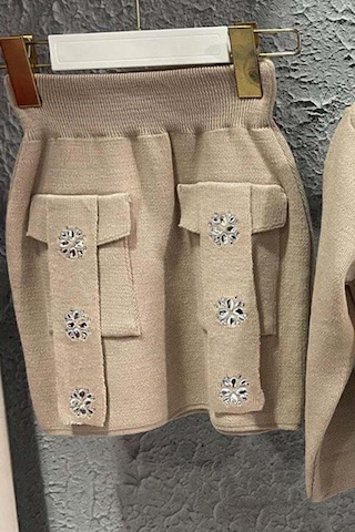 Riccotarz Kız Çocuk Askılı Bluz Hırka Ve Elmas Taş İşlemeli Cepli Bej Triko Etekli Takım Bej