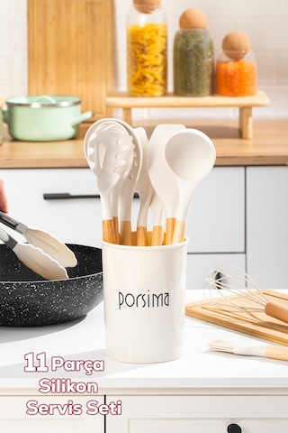 Porsima 3163  Standlı Bambu Silikon 11 Parça Servis Takımı Seti Beyaz