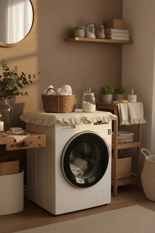 Vintage Fırfırlı Çamaşır Makinesi Örtüsü - Çeyizlik Pamuklu Dekoratif Banyo Makine Kılıfı Bej