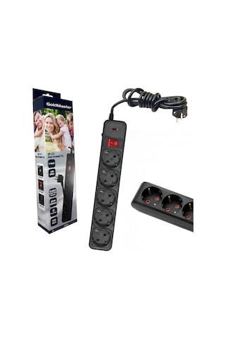 Goldmaster SP-411 5'li Akım Korumalı Anahtarlı Grup Priz 1.5 Metre Siyah