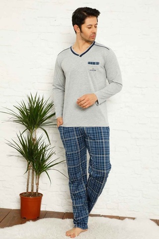 Farya Home Dreamy Ekoseli Kısa Kollu V Yaka Cepli Erkek Pijama Takımı Gri Lacivert Gri - Lacivert