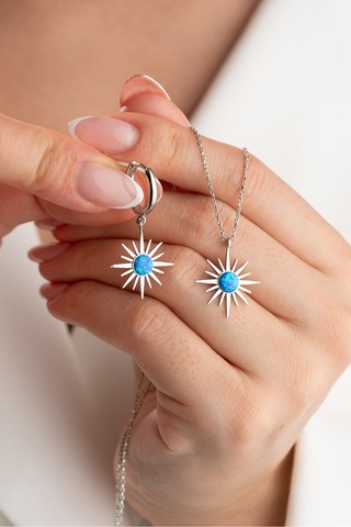 Çekirdekjewelry 925 Ayar Gümüş Opal Taşlı Kolye Küpe Seti Gri