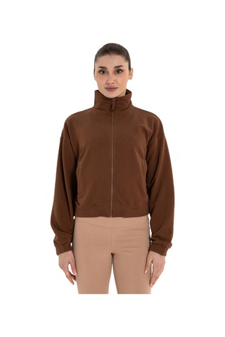 Inguz Dik Yaka Fermuarlı Organik Pamuk Sweatshirt Kahverengi
