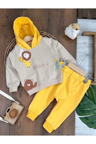 Baby Waka Zürafa&aslan Baskılı Kapüşonlu Erkek Bebek Alt Üst Takım Sari