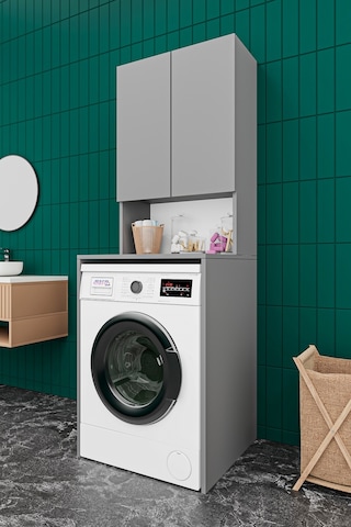 Asra Trend Çamaşır Makinesi Üstü Banyo Dolabı BD-01 %100 MDF İki Kapaklı Organizer Raf Kül Gri