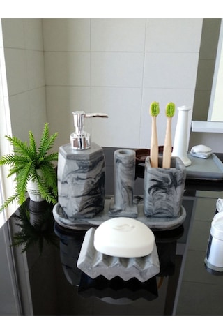 5'li Antrasit Desenli Görünümlü Banyo Seti Tuvalet Wc Sıvı Sabunluk Diş Fırçalığı Beton Antrasit Antrasit