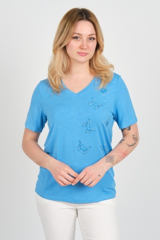 Ella Camelia Kadın Kelebek Şekilli Taş Süslemeli V Yaka Kısa Kollu Bluz 24e047 Mavi Mavi