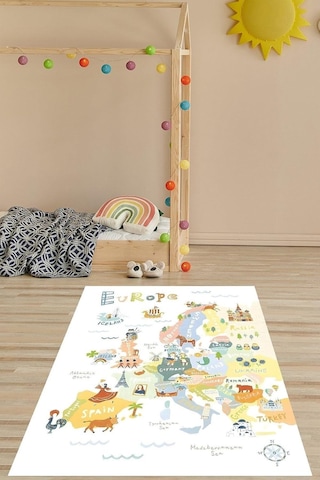 Pelangi Dünya Haritası Eğitici Yıkanabilir Kaymaz Taban Leke Tutmaz Çocuk Odası Halısı, Beyaz-mavi 80 X 600 Çok Renkli